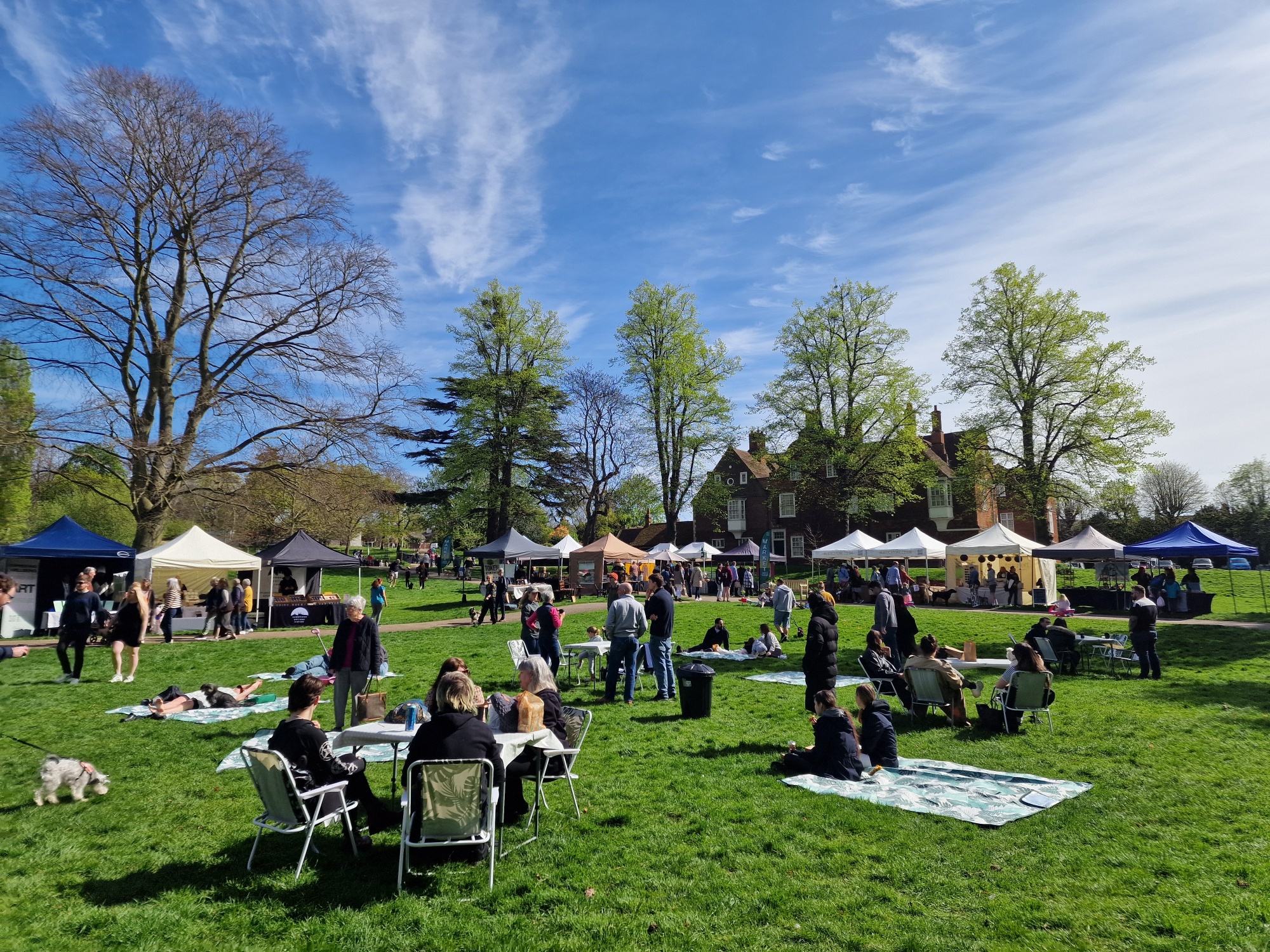 Visitors enjoying market stalls, picnic blankets and seating in sunny Christchurch Park