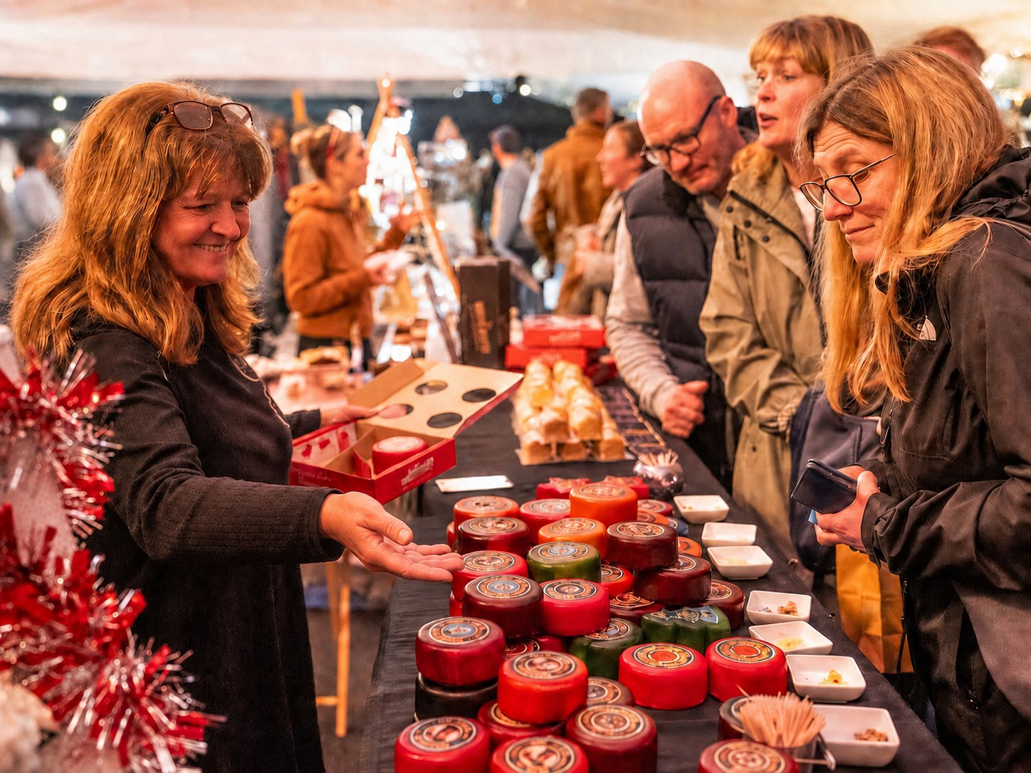 Cheese vendor serving customers at the Christmas fair