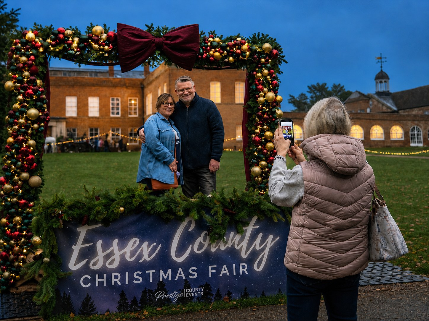 Visitors having their photograph taken in the illuminated Christmas fair photo frame