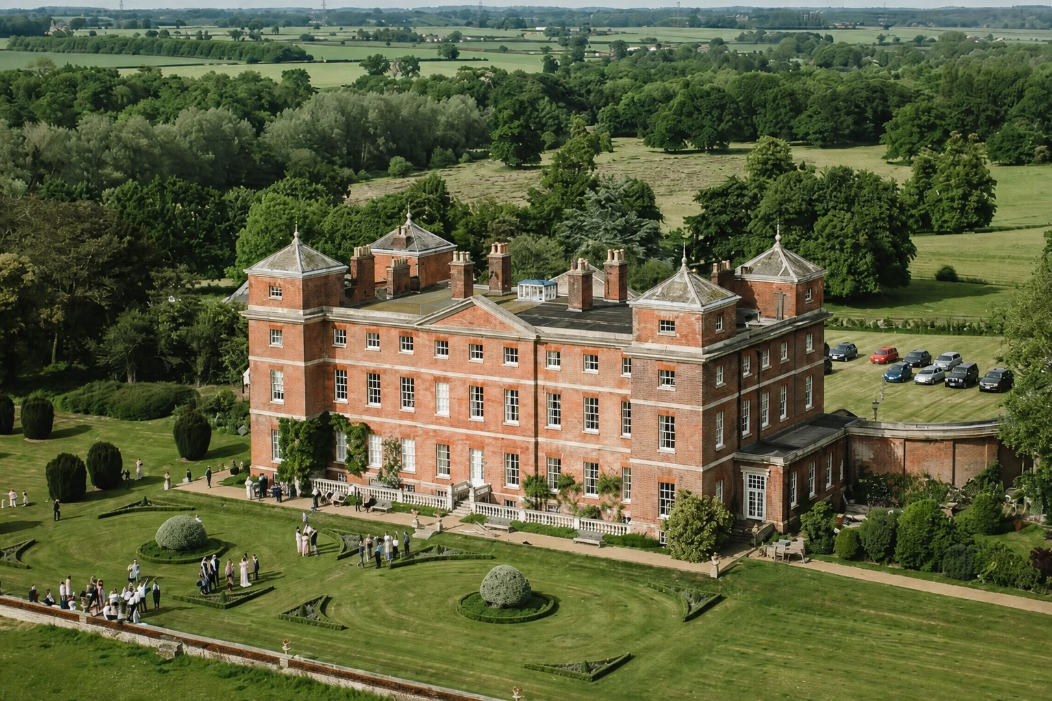 Aerial view of Kimberley Hall and its formal gardens