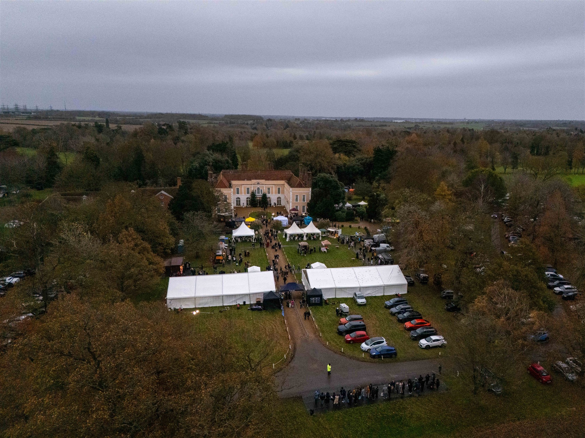 An aerial view of Suffolk County Christmas Fair and Hintlesham Hall